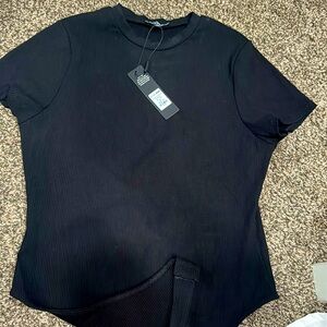 FASHION NOVA Black Rounded Neck Snatched Bodysuit
